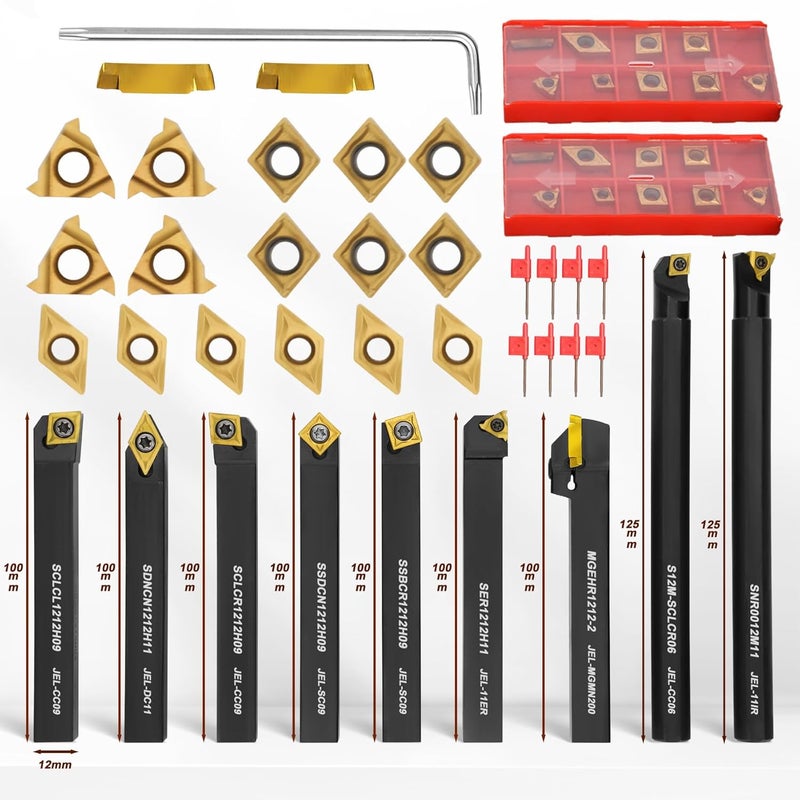 Joogto Indexable Lathe Turning Tool 27Pcs Kit 1/2'' 12mm Shank, 9Pcs Metal Lathe Tools Holder Set with 18Pcs Inserts, for Turning Grooving Threading Boring, lathe tooling with reverse tool design - Image 2